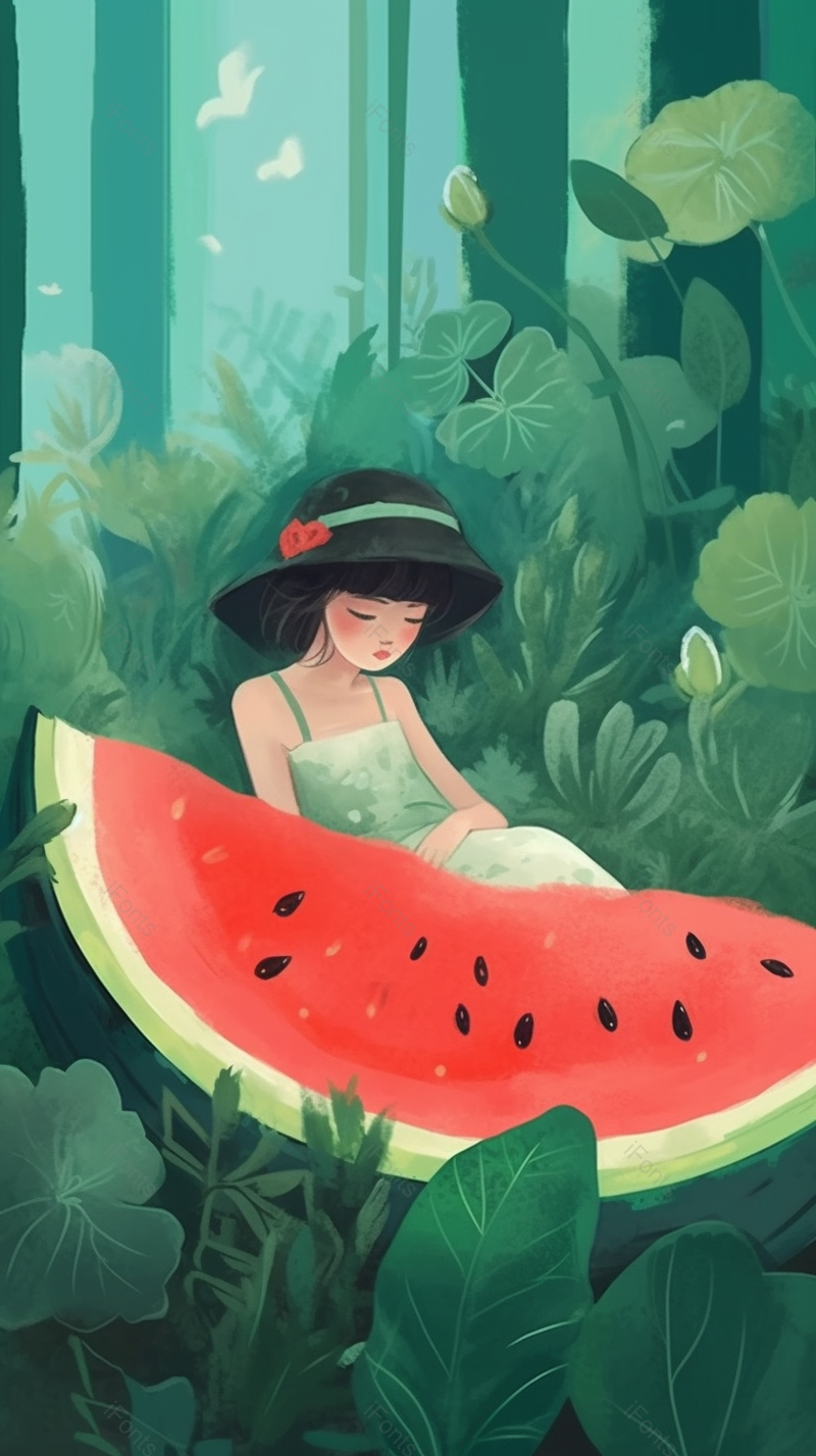 夏天夏季绿色的森林里躺在西瓜边上的女人手绘插画,插画/手绘图,插画/手绘图库,插画/手绘图下载,插画/手绘